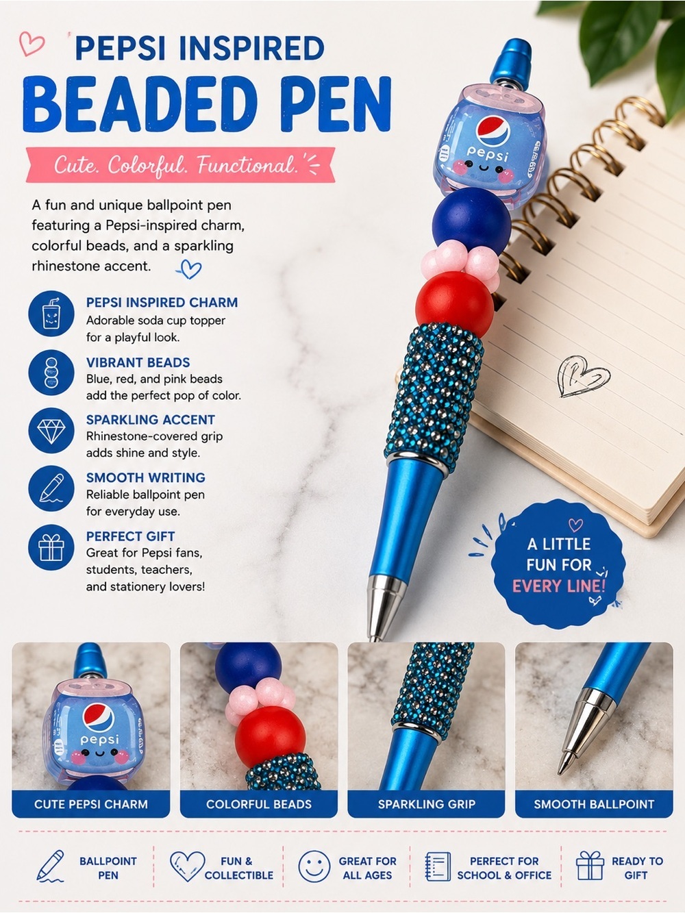 Pepsi Decorative Blue Ballpoint Pen with Red and Pink Beads